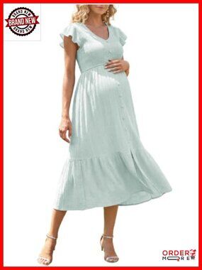 Smocked Maternity Dress for Baby Shower Photoshoot Flutter Sleeve Midi